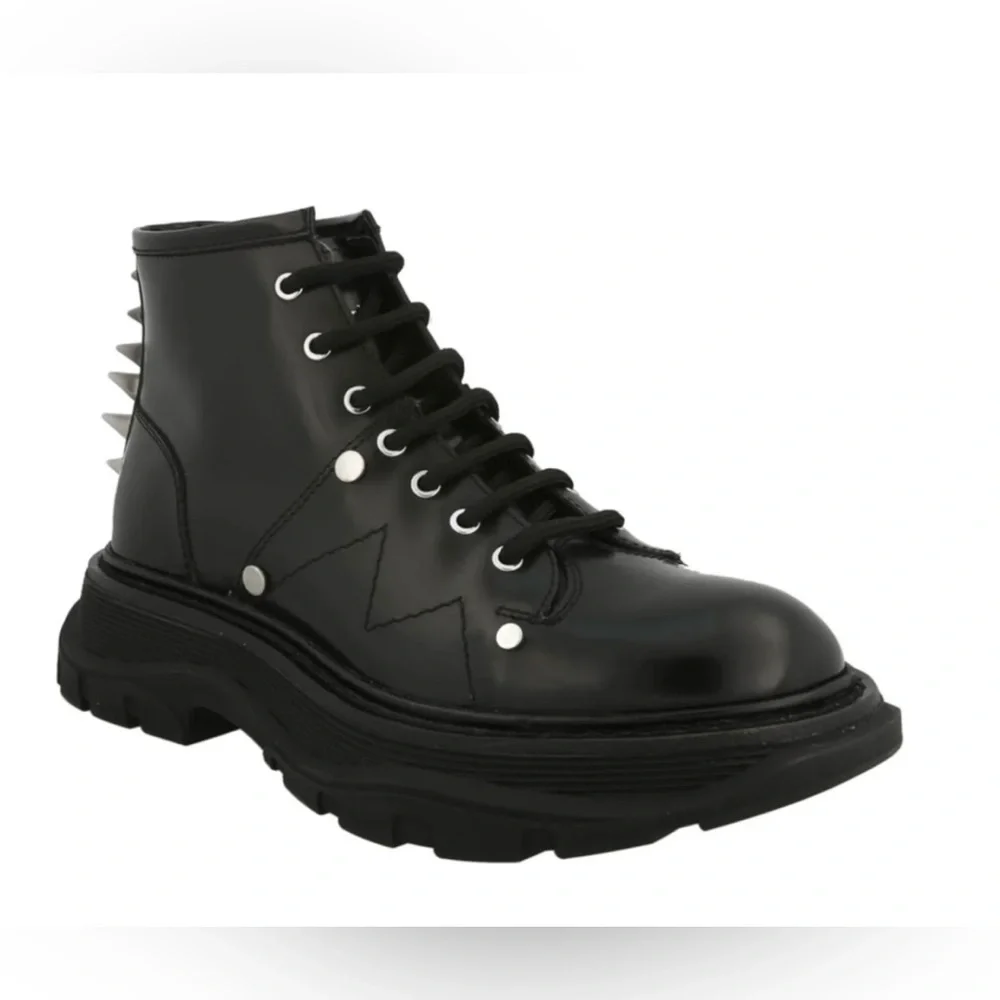 Alexander McQueen Tread Slick Leather Lace Up Spike  Combat Boots - Picture 8 of 9